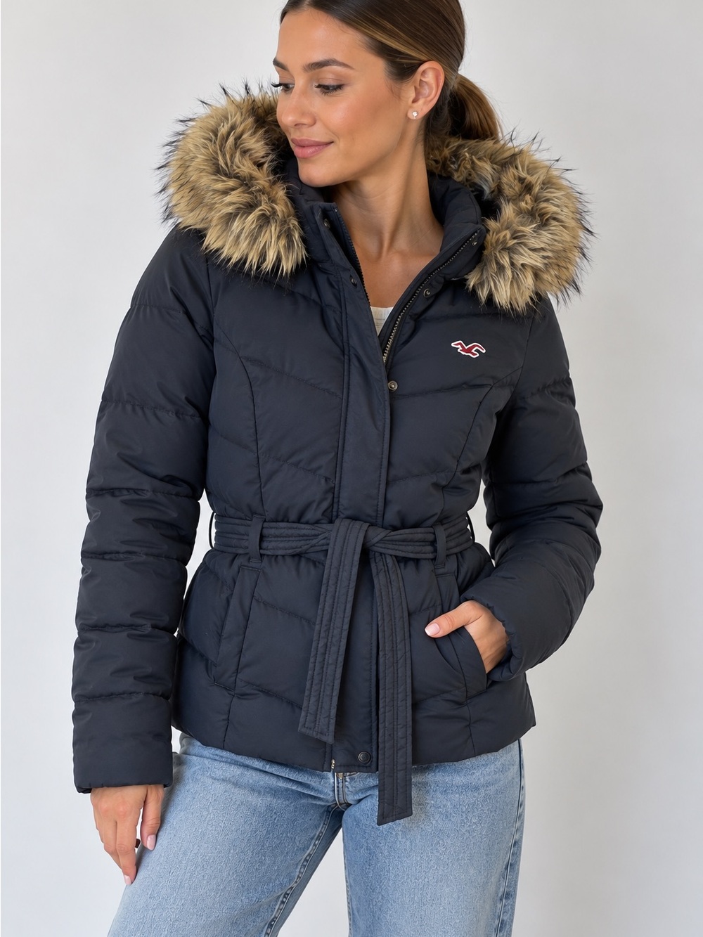 Hollister Navy Blue Belted Puffer Jacket Faux Fur Hood Y2K 2000s
